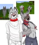 anthro black_nose blue_bottomwear blue_clothing blue_collar blue_jeans blue_pants bone bottomwear canid canine canis clothing collar denim denim_bottomwear denim_clothing duo exposed_bone fuckchasehunter fur gore grey_body grey_fur horror_(theme) jeans jerry_(lookout3d) male mammal microsoft minecraft mojang nightmare_fuel pants red_collar screencap severed_arm severed_body_part severed_limb shirt shorts simple_background suspenders tom_(lookout3d) topwear white_background white_bottomwear white_clothing white_shirt white_shorts white_topwear wide_eyed wolf wolf_(minecraft) wrinkles xbox_game_studios