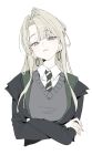  1girl black_cloak blonde_hair cloak commentary crossed_arms diagonal-striped_clothes diagonal-striped_necktie earrings genderswap genderswap_(mtf) green_eyes green_necktie grey_sweater_vest harry_potter_(series) highres hogwarts_school_uniform hoop_earrings jewelry kago_(wall_io) long_hair looking_at_viewer malfoid necktie school_uniform simple_background solo striped_clothes striped_necktie sweater_vest upper_body white_background wizarding_world 