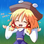 1girl :d =_= blonde_hair blue_background blush brown_hat closed_eyes commentary_request deformed english_text gradient_background green_background hair_between_eyes hair_ribbon happy hat kajiya_no_masa long_sleeves medium_hair midriff moriya_suwako musical_note navel no_nose one-hour_drawing_challenge open_mouth outstretched_arms purple_skirt purple_vest pyonta rain ribbon skirt skirt_set smile solo split_mouth touhou tress_ribbon vest white_sleeves wide_sleeves 