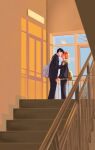  2boys artist_name bag black_hair duffel_bag french_kiss gakuran haikyuu!! highres hinata_shouyou hood hood_down indoors jacket_over_hoodie kageyama_tobio kiss male_focus multiple_boys orange_hair sakurajoi_stuff school_uniform stairs standing window yaoi 