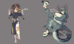  2girls :p ;p absurdres ahoge animal_hood bandaged_leg bandages blunt_bangs bob_cut brown_hair bug character_name chinese_clothes clothing_cutout dress english_text feather_hair feathered_wings full_body genderswap genderswap_(mtf) gradient_hair green_eyes hands_up hat highres hood hugging_object kaul_(monumenta) knee_up monumenta multicolored_hair multicolored_nails multiple_girls one_eye_closed onesie paper_box pelvic_curtain qipao quetzalcoatl_(monumenta) short_hair side_cutout side_slit sidelocks slippers spider stomach_cutout tail tongue tongue_out walking walking_towards_viewer winged_tail wings 