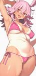  1girl :d absurdres arm_above_head armpits bare_shoulders bikini blush breasts cleavage commentary fate/grand_order fate_(series) head_wings highres hildr_(fate) kamisato_sora large_breasts long_hair looking_at_viewer navel open_mouth pink_bikini pink_hair red_eyes sideboob simple_background smile solo stomach swimsuit tan tanlines thighs underboob untranslatable_commentary valkyrie_(fate) wings 