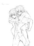 1boy 1girl alphastroo alternate_costume bandaid bandaid_on_knee bandaid_on_leg blunt_ends breast_pocket carrying casual choppy_bangs closed_mouth commentary contemporary english_text eyelashes formal_clothes genshin_impact greyscale hair_between_eyes heads_together highres hood hoodie hug hug_from_behind long_sleeves lower_teeth_only lumine_(genshin_impact) monochrome necktie open_mouth pants piggyback pleated_skirt pocket scaramouche_(genshin_impact) shoes short_hair skirt socks striped_clothes striped_necktie teeth tsurime white_background wolf_cut 