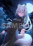  1girl :d animal_ear_fluff animal_ears belt black_dress blush breasts brown_belt commentary company_name copyright_notice dress floating_hair fox_ears fox_girl fox_tail grey_hair high_ponytail jewelry kemonomimi_mode long_hair long_sleeves looking_at_viewer mole mole_under_each_eye mole_under_eye mole_under_mouth moon multiple_moles ne-on necklace night nijisanji offering_hand official_alternate_costume official_art ponytail sample_watermark sky smile solo sophia_valentine star_(sky) starry_sky tail tree virtual_youtuber voice_drama_available watermark 