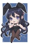  1girl akanbe animal_ear_hairband animal_ears black_hair black_leotard black_pantyhose bow bowtie chibi commentary_request detached_collar eyelid_pull fake_animal_ears full_body hair_ornament hairband highleg highleg_leotard highres leotard long_hair pantyhose playboy_bunny purple_eyes rabbit_ears rabbit_hair_ornament rabbit_tail sakurajima_mai seishun_buta_yarou solo strapless strapless_leotard tail tongue tongue_out wrist_cuffs yupinaccho 