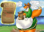 alchemist anthro belly canid canine clothing dialogue ears_up elia_(hookaloof) english_text female female_pred field hair hand_imprint imprint list looking_down mammal melee_weapon object_vore ring sharp_teeth sword tail teeth text the_hookaloof thick_thighs tongue unseen_prey vore weapon