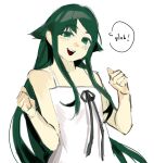  1girl absurdres bare_shoulders dress flat_chest green_eyes green_hair hair_flaps highres long_hair looking_at_viewer mangopp saya_(saya_no_uta) saya_no_uta simple_background sleeveless sleeveless_dress smile solo sundress very_long_hair white_background white_dress 