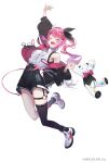  1girl :d alicecoco arm_up asymmetrical_legwear black_bow black_jacket black_shorts bow breasts closed_mouth collared_shirt commentary company_name copyright_notice facing_viewer full_body garter_straps gradient_hair hair_bow hair_ornament hairclip jacket jacket_partially_removed jumping kuramochi_meruto kuramochi_meruto_(1st_costume) long_hair mismatched_legwear multicolored_hair nijisanji o-ring o-ring_thigh_strap off_shoulder official_art open_clothes open_jacket parallel_hairclips pink_hair pink_jacket polka_dot polka_dot_bow purple_hair rene_(kuramochi_meruto) shirt shirt_tucked_in shoes shorts side_ponytail simple_background single_thighhigh sleeveless sleeveless_shirt smile sneakers solo stuffed_animal stuffed_toy teddy_bear thigh_strap thighhighs two-sided_fabric two-sided_jacket virtual_youtuber white_background white_shirt white_shoes 