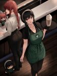  2girls absurdres apron ass belt black_hair black_necktie black_pants black_shirt black_shoes braid braided_ponytail breasts chainsaw_man cleavage collarbone collared_shirt from_above fuyushitollie green_apron green_belt hairband highres holding holding_plate large_breasts lips long_sidelocks long_sleeves looking_at_another makima_(chainsaw_man) milkshake multiple_girls necktie pants perspective plate red_eyes red_hair restaurant ringed_eyes shirt shoes short_sleeves sidelocks spy_x_family standing swept_bangs thighs white_shirt wide_hips yellow_eyes yor_briar 