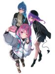 3girls ;) ahoge alternate_costume alternate_hairstyle aqua_hair beret black_bow black_hat black_jacket black_pantyhose black_skirt black_sweater blue_eyes blue_hair boots bow braid braided_ponytail brown_boots closed_mouth colored_inner_hair commentary_request demon_girl demon_tail double-parted_bangs earrings full_body fur-trimmed_boots fur-trimmed_skirt fur_trim green_eyes grey_skirt hair_between_eyes hair_ornament hairclip half_crown_braid hat highres hololive hoop_earrings hoshimachi_suisei jacket jewelry lapels long_hair low_twin_braids minato_aqua miniskirt multicolored_hair multiple_girls notched_lapels one_eye_closed pantyhose parallel_hairclips piercing pink_hair pinstripe_jacket pinstripe_pattern pinstripe_skirt plaid_clothes plaid_skirt pointy_ears pom_pom_(clothes) pom_pom_earrings purple_eyes purple_hair reaching reaching_towards_viewer ribbed_sweater sa-ya2 selfie simple_background skirt smile star_(symbol) star_in_eye startend_(hololive) streaked_hair sweater symbol_in_eye tail tail_ornament tail_piercing tokoyami_towa transparent_background turtleneck turtleneck_sweater twin_braids two-tone_hair v virtual_youtuber white_jacket white_sweater 