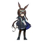  1girl amiya_(arknights) animal_ears anklet arknights ascot ba_yun_qi blue_ascot blue_jacket brown_hair brown_pantyhose chinese_commentary choker commentary_request full_body infection_monitor_(arknights) jacket jewelry limbus_company long_hair low_ponytail pantyhose parody ponytail project_moon rabbit_ears simple_background solo style_parody sweater very_long_hair white_sweater 