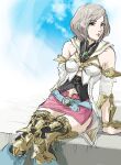  1girl absurdres armor armored_legwear ashelia_b'nargin_dalmasca bare_shoulders belt blonde_hair blue_eyes closed_mouth collar commentary_request detached_sleeves expressionless final_fantasy final_fantasy_xii gem hatching_(texture) highres linear_hatching looking_to_the_side marimoriah medium_hair microskirt midriff navel pink_skirt sitting skirt solo swept_bangs thighhighs vambraces 