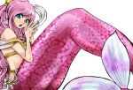  1girl bikini blue_eyes commentary_request earrings hagoromo jewelry merfolk mermaid monster_girl one_piece pink_hair shawl shell shell_earrings shirahoshi sidelocks simple_background solo swept_bangs swimsuit user_xshp3283 white_background yellow_bikini 