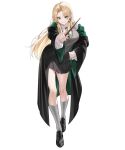  1girl absurdres black_robe black_shoes black_skirt blonde_hair breasts cold-colour collared_shirt commentary_request contrapposto curtained_hair diagonal-striped_clothes diagonal-striped_necktie dress_shirt earrings evil_smile foreshortening full_body genderswap genderswap_(mtf) green_eyes green_necktie green_robe grey_socks grey_vest hand_on_own_hip harry_potter_(series) highres hogwarts_school_uniform hoop_earrings jewelry large_breasts leaning_forward loafers long_hair long_sleeves looking_at_viewer malfoid miniskirt necktie parted_lips pleated_skirt ribbed_socks robe school_uniform shirt shoes simple_background skirt slytherin smile smirk socks solo standing striped_clothes striped_necktie sweater_vest tachi-e two-sided_fabric two-sided_robe two-tone_robe very_long_hair vest white_background white_shirt wing_collar wizarding_world 