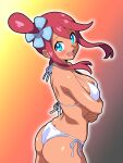  1girl arms_under_breasts ass bikini blue_eyes blush breasts commentary_request crossed_arms from_behind gradient_background hair_between_eyes hair_ornament halterneck highres inaba_(tensai21) large_breasts looking_at_viewer one_side_up open_mouth pokemon pokemon_black_and_white red_hair short_hair_with_long_locks side-tie_bikini_bottom sidelocks skyla_(pokemon) smile solo string_bikini swept_bangs swimsuit tan turning_head white_bikini 