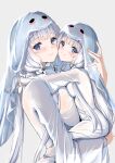  2girls absurdres azur_lane blue_eyes breast_press breasts carrying carrying_person commentary dress english_commentary flower ghost_costume hair_flower hair_ornament highres hug_carry illustrious_(azur_lane) illustrious_(wandering_glow_of_midnight)_(azur_lane) large_breasts little_illustrious_(azur_lane) long_hair looking_at_viewer low_twintails matching_outfits multiple_girls pink_nails see-through_silhouette sheet_ghost simple_background small_breasts smile twintails veil white_dress white_flower white_hair xstetra 