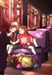  1boy 1girl bandaid bandaid_on_leg bill_cipher brown_hair bus_interior canon_event child closed_eyes closed_mouth commentary dipper_pines english_commentary forest gravity_falls hairband hat highres kneehighs long_hair mabel_pines mapleleauf mary_janes nature paper pig pine_tree shoes shorts sitting skirt sleeping smile socks suitcase sweater tree turtleneck turtleneck_sweater ushanka waddles window 