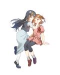  2girls adjusting_hair_ornament aged_down aijo_karen arms_at_sides artist_request black_hair black_pants black_shoes black_vest blue_dress blush brown_hair brown_shoes capri_pants chinese_commentary commentary_request commission crown_hair_ornament dress eye_contact face-to-face floating foot_up_heel_up full_body hair_ornament hand_on_another's_cheek hand_on_another's_face hand_up highres invisible_chair kagura_hikari leaning_forward leg_up long_dress long_hair looking_at_another mary_janes multiple_girls pants pantyhose parted_bangs parted_lips pink_dress pleated_dress puffy_short_sleeves puffy_sleeves red_ribbon ribbon ribbon-trimmed_dress ribbon_trim second-party_source shoes short_dress short_hair short_sleeves shoujo_kageki_revue_starlight simple_background sitting socks sparkle_hair_ornament standing standing_on_one_leg transparent_background two_side_up vest white_pantyhose white_socks yuri 