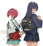  2girls amate_yuzuriha amuro_ray aqua_skirt backpack bag bag_charm black_hair char_aznable character_charm charm_(object) commentary_request gundam gundam_0083 gundam_gquuuuuux highres kou_uraki long_hair long_sleeves looking_back miniskirt mobile_suit_gundam multiple_girls nyaan_(gundam_gquuuuuux) paptimus_scirocco quattro_bajeena red_hair school_uniform short_hair shoulder_bag simple_background skirt the_olphy white_background yellow_eyes zeta_gundam 