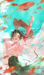  1girl :d all_wishes_come_true! arm_up black_hair blue_sky blurry brown_eyes brown_hair bubble chinese_clothes cloud day fish floating_clothes floating_hair goldfish green_sash green_skirt hand_up hanfu hat he_xiangu_(all_wishes_come_true!) highres koi light_particles lipstick long_hair long_sleeves looking_at_viewer makeup miaodalizi open_mouth outdoors pink_hanfu ponytail sash see-through_clothes skirt sky smile solo straw_hat teeth unworn_hat unworn_headwear upper_body upper_teeth_only water water_drop wide_sleeves wind 