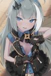  1girl absurdres ahoge blue_eyes blue_hairband blush breasts cleavage commentary_request female_tyrant_(stella_sora) gloves grey_hair hair_ornament hairband highres long_hair looking_at_viewer narabini no_bra open_clothes open_mouth pointy_ears small_breasts solo stella_sora sweatdrop tyrant_(stella_sora) very_long_hair 