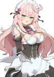  1girl allie_(stella_sora) black_dress blush bow breasts cleavage clothing_cutout commentary_request dress frills green_eyes hair_between_eyes highres large_breasts long_hair long_sleeves looking_at_viewer maid maid_headdress multiple_hair_ribbons open_mouth parex_(vpnn8573) pink_hair puffy_sleeves ribbon shoulder_cutout simple_background smile solo stella_sora white_background 