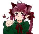  1girl :3 animal_ears bow braid cat_ears dress extra_ears green_dress hair_bow kaenbyou_rin light_smile looking_at_viewer maruta_(shummylass) paw_pose paw_print pointy_ears red_eyes red_hair simple_background solo touhou twin_braids upper_body white_background 