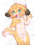  anthro black_body black_fur breasts canid canine canis clothing condom condom_in_mouth covering covering_breasts crayon_(artist) domestic_dog female fur hi_res looking_at_viewer lying mammal nipples on_back panties sexual_barrier_device solo underwear white_body white_fur yellow_body yellow_fur 