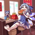  1girl :d ^_^ barefoot blue_bow blue_dress blue_hair blush bow burger character_doll cirno closed_eyes collar crossed_legs dress eating embodiment_of_scarlet_devil fairy_wings fang feet food fumo_(doll) hair_bow happy_meal ice ice_wings kidakash legs mcdonald&#039;s puffy_short_sleeves puffy_sleeves short_dress short_hair short_sleeves smile touhou white_collar wings 