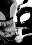  absurdres alien greyscale highres kage_(marvel) long_tongue looking_ahead looking_at_viewer marvel monochrome multiple_views saliva sharp_teeth smile symbiote teeth tongue tongue_out uesugi_hikaru 