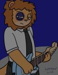  2022 anthro artist_name black_bottomwear black_clothing black_eye_(injury) black_necktie black_pants bottomwear bruised clothed clothing digital_drawing_(artwork) digital_media_(artwork) felid frown fully_clothed fur guitar hair half-closed_eyes hi_res lion loppear_link male mammal mane matt_(scratch21) musical_instrument narrowed_eyes necktie orange_hair orange_mane pantherine pants plucked_string_instrument sad scratch21 shirt simple_background solo standing string_instrument tan_body tan_fur topwear white_clothing white_shirt white_topwear yellow_body yellow_fur 