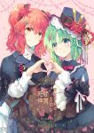  2girls alternate_costume black_capelet blue_headwear capelet closed_mouth flower green_eyes green_hair hair_flower hair_ornament hairclip heart heart_hands heart_hands_duo long_sleeves looking_at_viewer multiple_girls onozuka_komachi red_eyes red_flower red_hair shiki_eiki short_hair smile spider_lily touhou translation_request two_side_up upper_body white_background yamadori_ofuu 