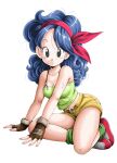 1girl bare_shoulders belt belt_buckle blue_hair breasts brown_gloves buckle cleavage dragon_ball dragon_ball_(classic) fingerless_gloves full_body gloves hair_ornament hairband highres long_hair looking_at_viewer lunch_(dragon_ball) midriff navel red_hairband shorts simple_background solo white_background yellow_shorts youngjijii 