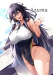  1girl ahoge azuma_(azur_lane) azur_lane black_hair black_one-piece_swimsuit blush breasts character_name competition_swimsuit covered_navel day hair_between_eyes highleg highres large_breasts long_hair looking_at_viewer one-piece_swimsuit open_mouth oriue_wato smile solo swimsuit thighs towel white_one-piece_swimsuit yellow_eyes 