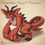  ambiguous_gender anthro back_spikes big_arms big_chest black_sclera claws digitigrade dragon goblin gobtober gobtober_2022 head_spikes hi_res horn huge_arms humanoid hybrid impishhyena long_tail monster muscular nostrills red_body red_eyes solo spiked_tail spikes spikes_(anatomy) spines 