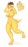  2019 3:5 anthro beer_cock biped blush breasts claws digital_media_(artwork) featureless_breasts female generation_1_pokemon genitals hi_res membrane_(anatomy) nintendo nude pokemon pokemon_(species) psyduck pussy shaded simple_background solo standing toe_claws video_games webbed_feet white_background yellow_body 