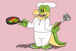  2021 3_toes 4_fingers alligator alligatorid anthro biped bottomwear brok_(character) brok_the_investigator chef chef_hat clothing crocodilian feet fingers food green_body hat headgear headwear hi_res humanoid_hands jolly_the_lizard jollyville pants pink_background reptile scalie shirt simple_background solo toes topwear video_games 