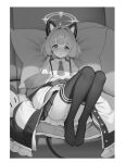  1girl animal_ear_headphones animal_ears bangs black_thighhighs blue_archive blunt_bangs blush border bow cat_ear_headphones cat_tail collared_shirt couch dress_shirt fake_animal_ears frown furrowed_brow greyscale hair_bow half-closed_eyes halo headphones highres jacket knees_up leaning_back long_sleeves looking_at_viewer low_twintails midori_(blue_archive) monochrome multicolored_clothes multicolored_jacket necktie no_shoes off_shoulder on_couch open_clothes open_jacket panties pantyshot pillow pretty_mundane reclining shirt short_necktie sitting sleeves_past_wrists solo striped striped_panties stuffed_toy tail thighhighs twintails underwear white_border white_shirt wide_sleeves 