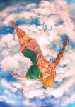  1boy above_clouds asymmetrical_sleeves blonde_hair blue_sky closed_mouth cloud cloudy_sky english_commentary fantasy from_above highres inktober link male_focus mochiwei one_eye_closed outdoors pointy_ears short_hair sky solo the_legend_of_zelda toga 
