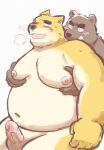  2022 anthro balls belly big_belly blush brown_body canid canine duo erection genitals groping_from_behind hi_res humanoid_genitalia humanoid_hands humanoid_penis kemono kick_(artist) male male/male mammal moob_grab moobs navel nipples overweight overweight_male penis simple_background ursid 