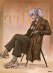  1boy anniechromes artist_name berserk brown_coat coat commentary crossed_legs english_commentary griffith_(berserk) highres long_hair looking_at_viewer male_focus open_clothes open_coat ponytail sitting solo solo_focus turtleneck white_hair 