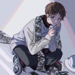  1boy black_footwear black_scarf brown_hair cellphone full_body highres ikari_shinji kanose neon_genesis_evangelion official_alternate_costume on_floor phone print_scarf radio_eva scarf sitting solo white_headwear 