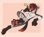  absurd_res anthro black_body black_fur black_hair blep cheek_tuft chest_tuft crossed_legs facial_tuft fur gesture grey_body grey_fur grey_spots hair hair_over_eye hi_res highlights_(coloring) hyaenid lying male mammal on_back one_eye_obstructed pawpads paws pink_background red_highlights red_pawpads simple_background smile solo spots spotted_body spotted_fur spotted_hyena star the_xing1 tongue tongue_out tuft v_sign wide_eyed 
