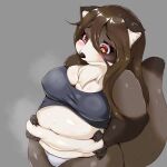  1:1 2022 anthro black_nose blush breasts brown_body brown_eyes brown_fur brown_hair camel_toe canid canine clothing conohacoconoka female fur gloves_(marking) hair hand_on_stomach hi_res looking_down mammal markings navel overweight overweight_female raccoon_dog shirt simple_background solo tanuki topwear underwear white_clothing white_underwear 