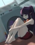  1girl :t against_wall alternate_costume barefoot black_tank_top blue_eyes detergent electrical_outlet english_commentary feeq feet highres hololive hololive_english knees_to_chest legs long_hair multicolored_hair ninomae_ina&#039;nis orange_hair pointy_ears ponytail purple_hair red_shorts shorts solo streaked_hair takodachi_(ninomae_ina&#039;nis) tank_top tentacle_hair thighs tile_wall tiles toes washing_machine whale window 