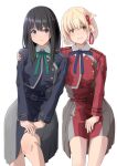  2girls absurdres bangs belt black_hair blonde_hair blue_dress blue_ribbon bob_cut closed_mouth collared_shirt commentary_request dated_commentary dress green_ribbon grey_dress hair_ribbon hand_on_another&#039;s_shoulder highres inoue_takina long_hair long_sleeves lycoris_recoil lycoris_uniform matebashi multiple_girls neck_ribbon nishikigi_chisato pleated_dress purple_eyes red_belt red_dress red_eyes red_ribbon ribbon shirt short_hair simple_background smile two-tone_dress white_background white_shirt 