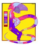  2018 absurd_res anthro blue_body blue_sclera border color_swatch corzh77 dated female full-length_portrait hi_res markings mouth_closed nude pink_body portrait pupils purple_body red_pupils reptile scalie side_view signature simple_background snake solo standing striped_markings striped_tail stripes tail_markings white_border yellow_background yellow_eyes 