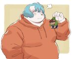  2022 angry anthro belly big_belly blue_hair bottomwear brown_body canid canine canis carrying clothing domestic_dog duo hair hoodie kemono male mammal micro overweight overweight_male pants shirt size_difference sv_grart topwear white_body 