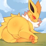  1:1 butt detailed_background eeveelution eyelashes female feral generation_1_pokemon genitals glistening glistening_body grass hi_res jolteon looking_at_viewer nintendo pawpads plant pokemon pokemon_(species) pussy quadruped rear_view red_eyes seviyummy sky smile solo text url video_games yellow_body 