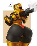  anthro anthrofied armor big_breasts big_butt black_body breasts butt curvy_figure doretta_(deep_rock_galactic) female hi_res idler-r looking_back machine question_mark robot simple_background smoke solo squish thick_thighs thigh_squish wide_hips 